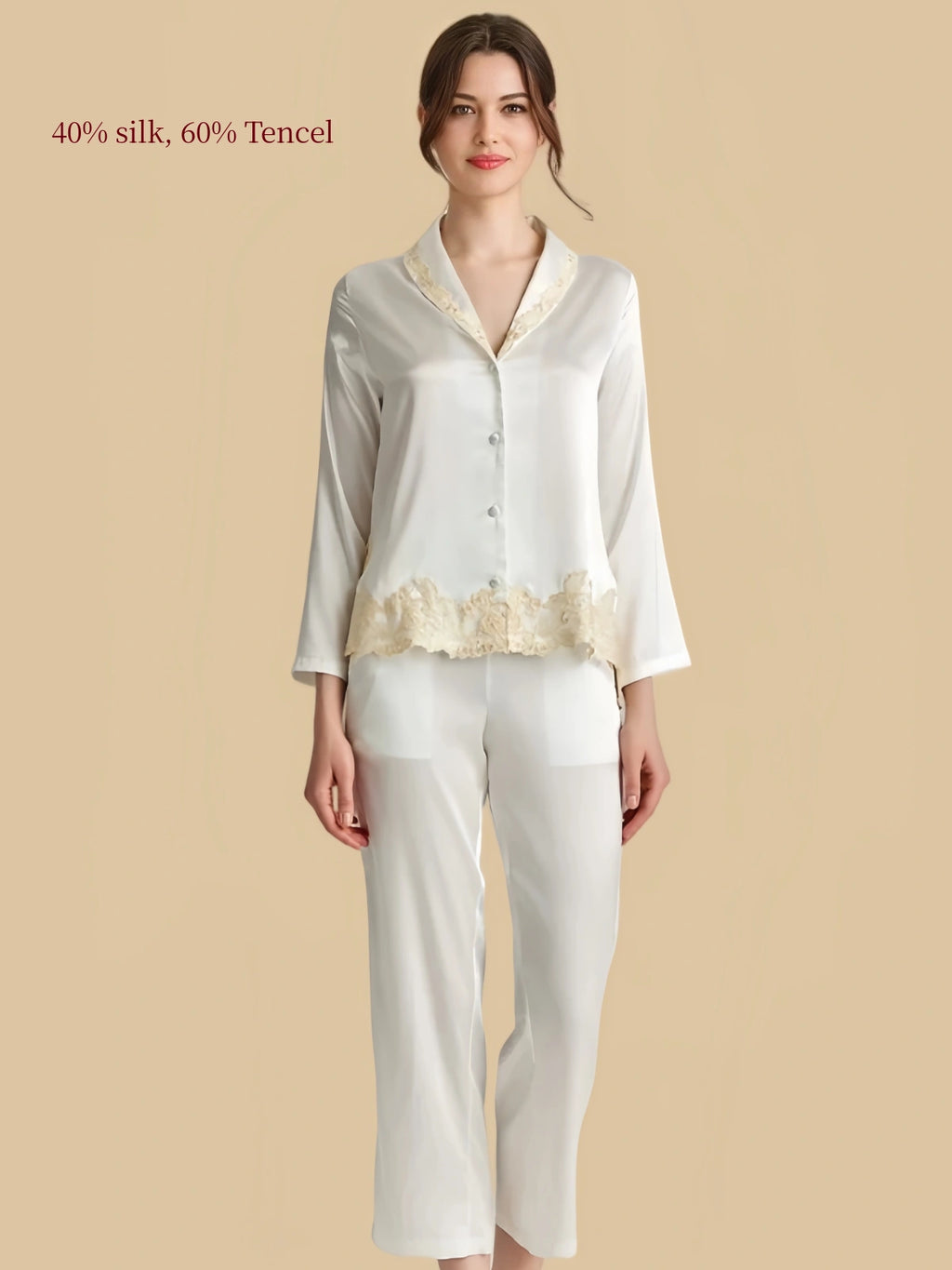 Silkgala white silk Tencel pajama set with relaxed button-front top and floral lace hem detail.