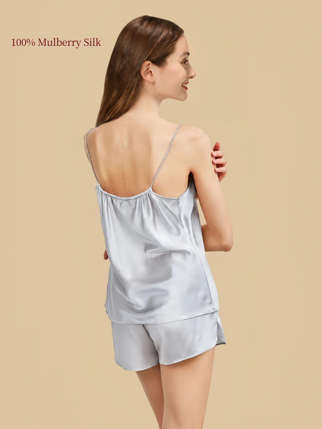 Back view of Silver Gray silk camisole set with slim straps