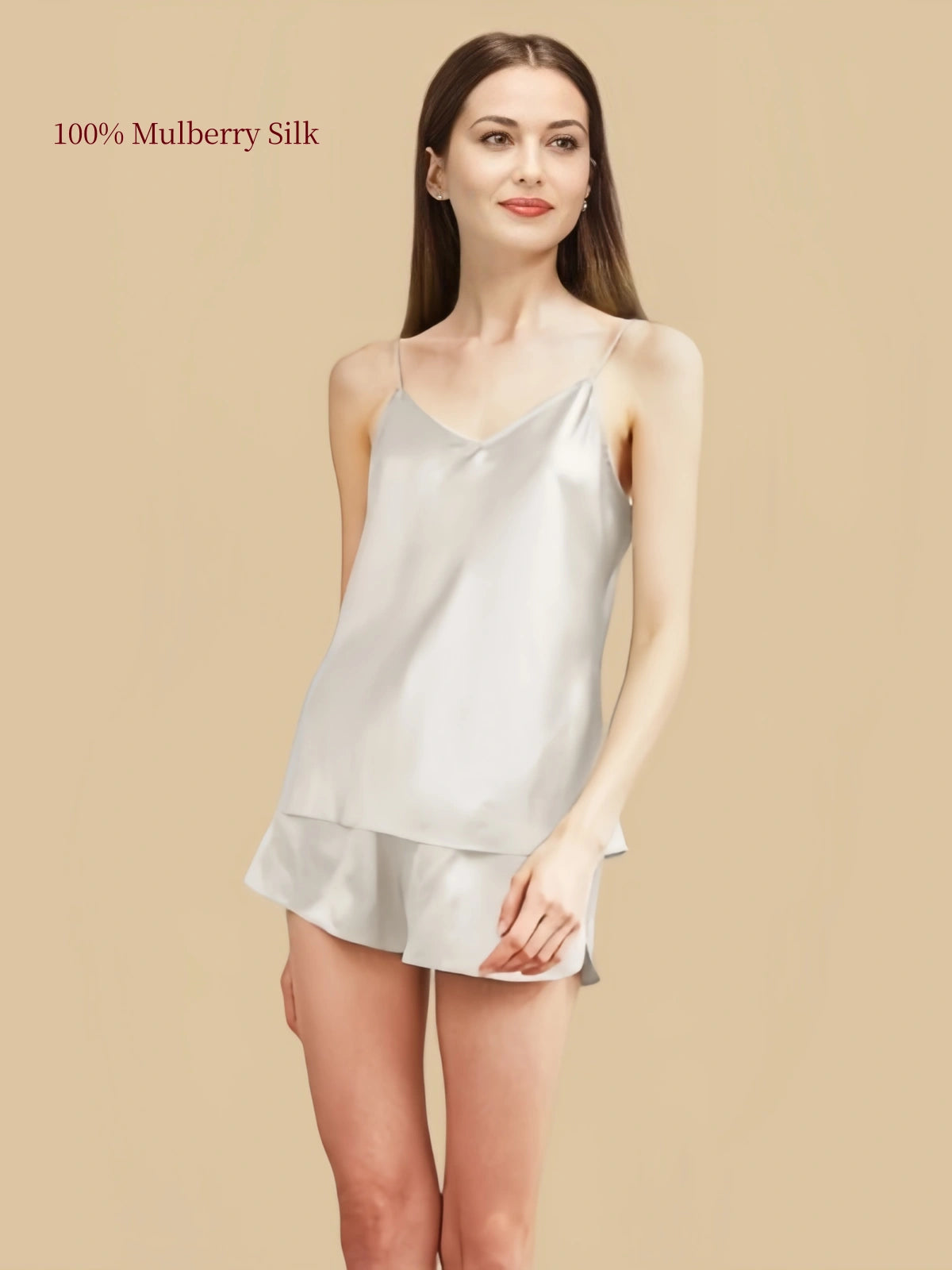 Silver Gray 19 Momme silk camisole and shorts set, front view