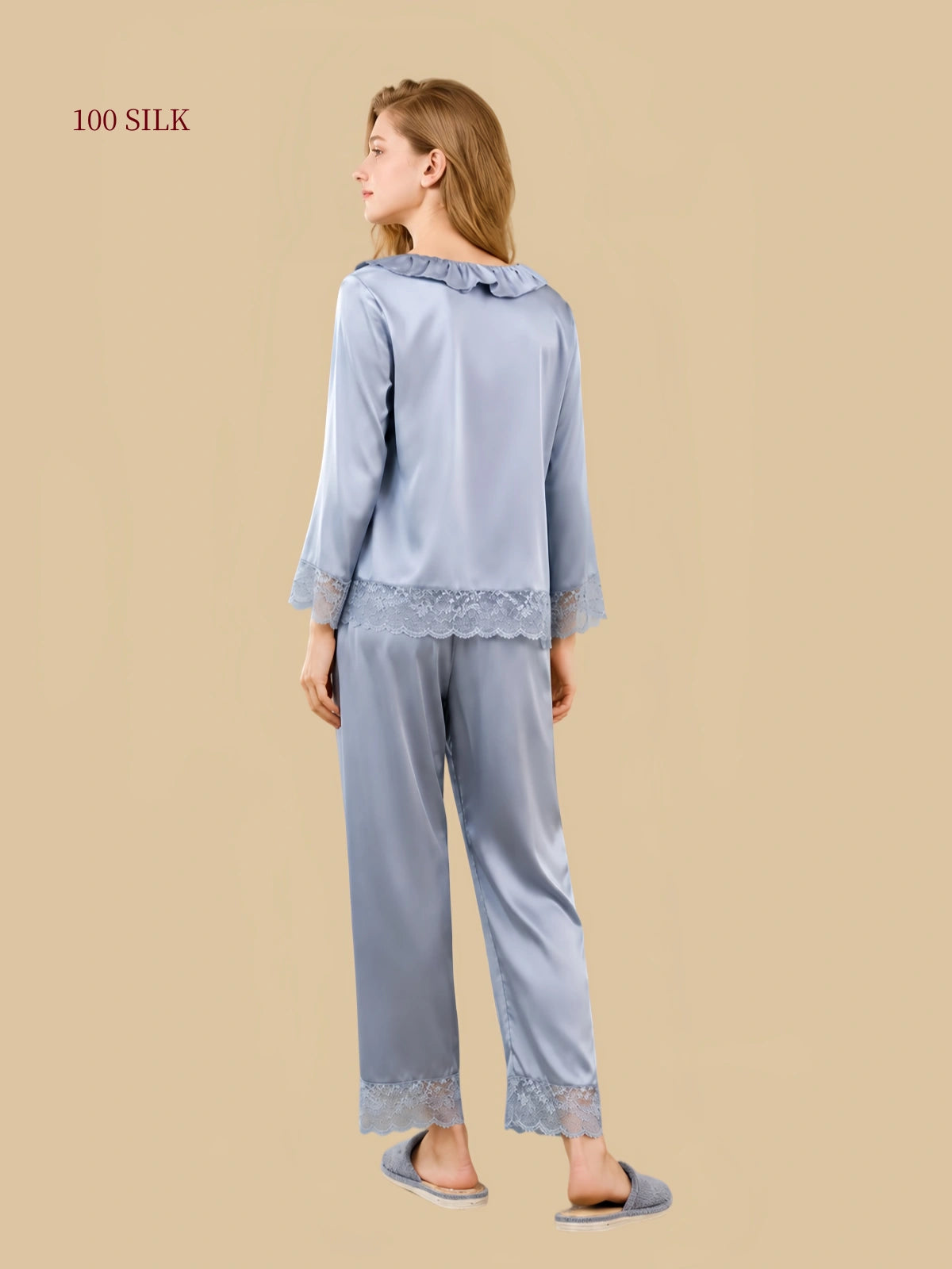 Back full-length view of Silver Mist Blue silk pajamas showing the ruffled collar and matching lace trim