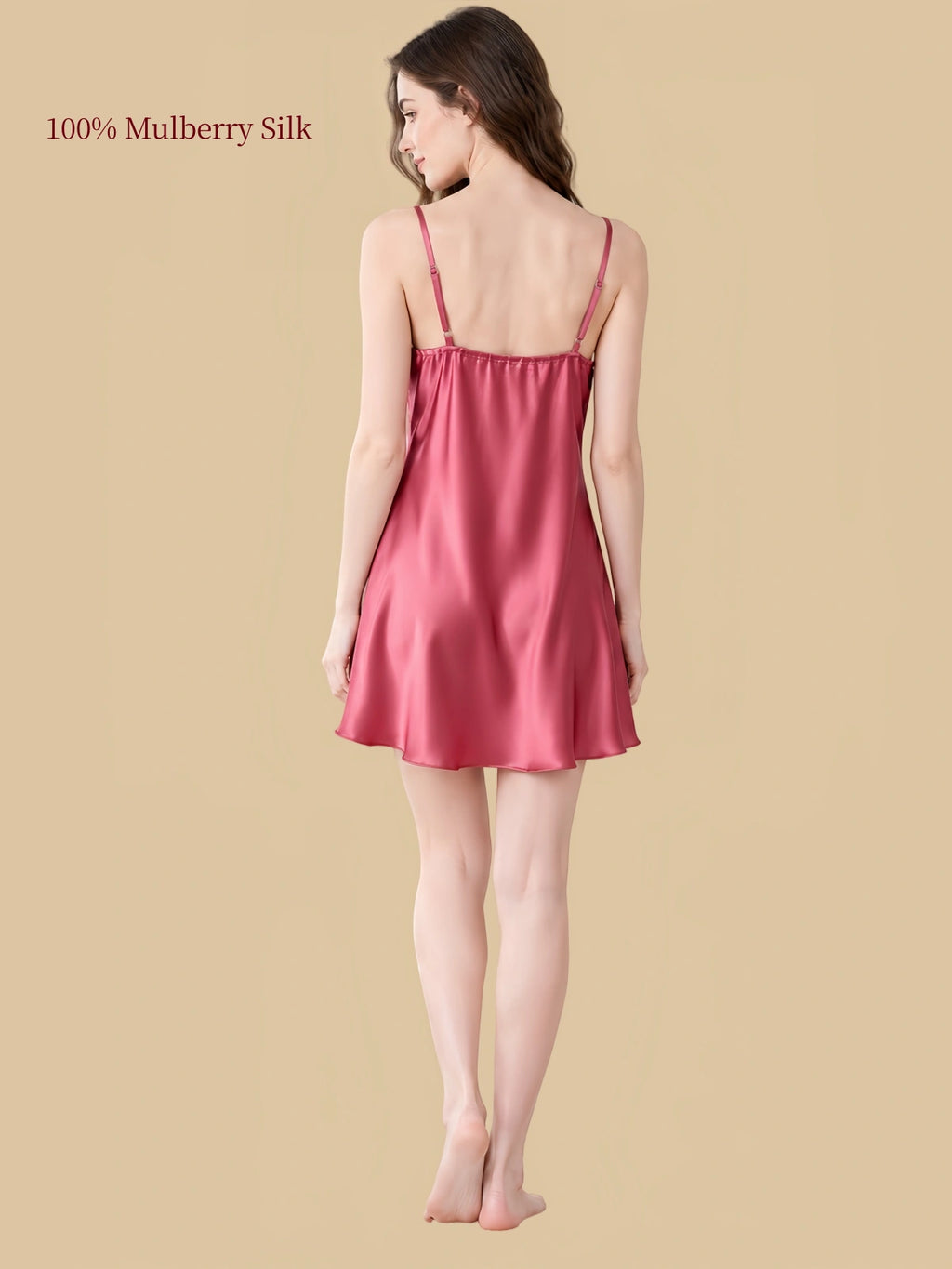 Back view of a Soft Red mulberry silk camisole nightgown with adjustable shoulder straps, straight back and gently flared hem.