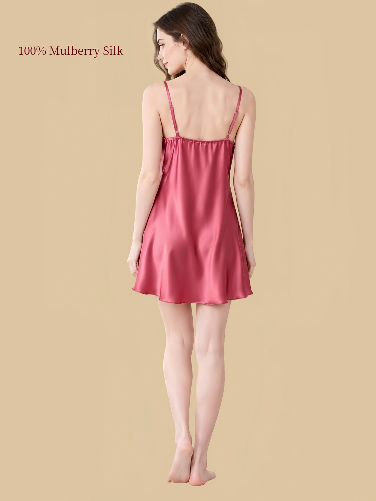 Back view of a Soft Red mulberry silk camisole nightgown with adjustable shoulder straps, straight back and gently flared hem.