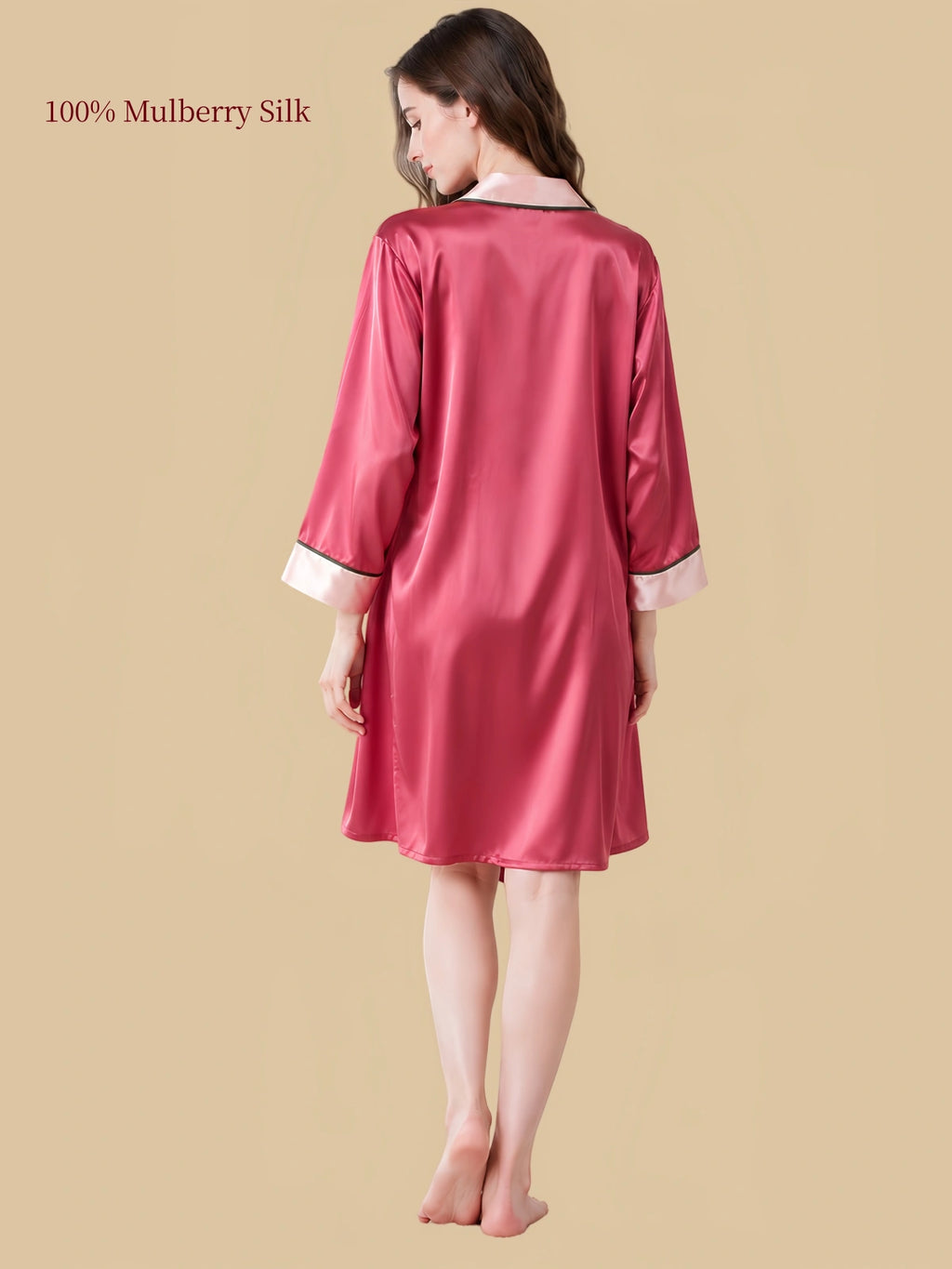 Back view of a Soft Red mulberry silk robe with smooth drape, three-quarter sleeves and pale pink contrast cuffs.