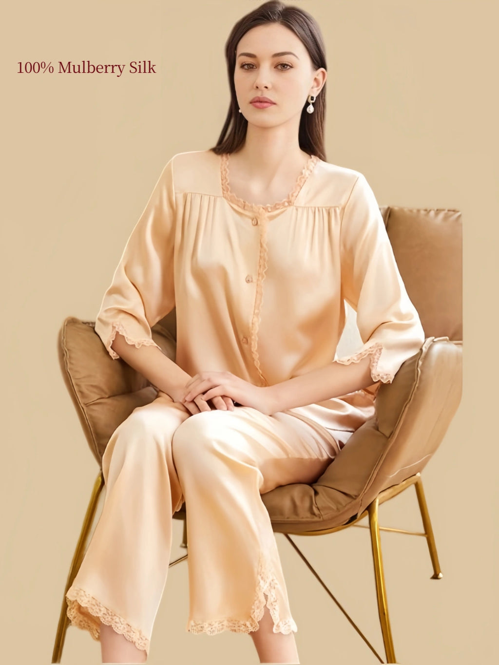 Model wearing Wheat Gold Silkgala 19 Momme silk loungewear with a lace-edged square neckline, button-front closure and matching cropped-length pants.