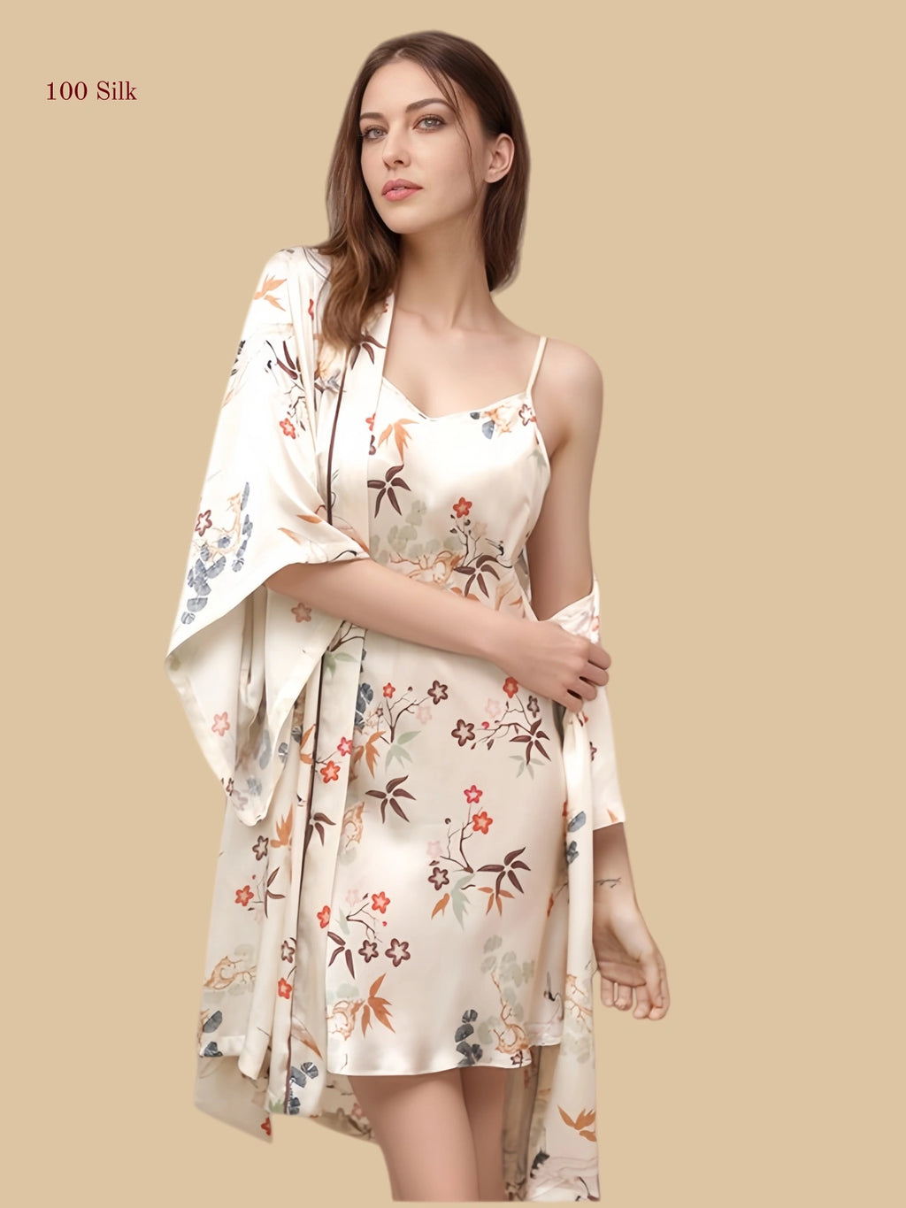 Beige 16mm printed silk robe set front view with botanical motif and matching slip dress