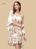 Beige 16mm printed silk robe set front view with botanical motif and matching slip dress