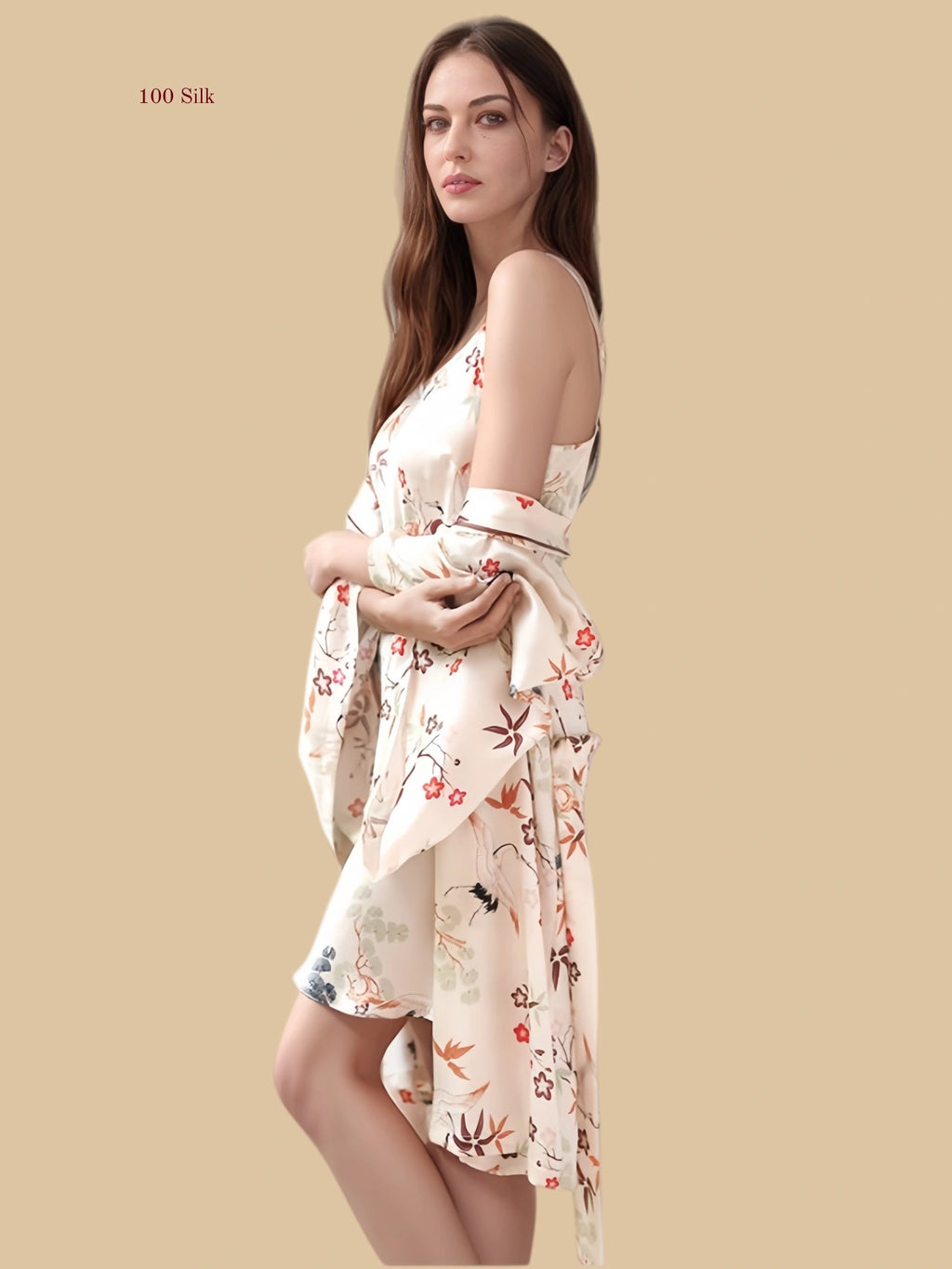 Beige 16mm printed silk robe set front view with botanical motif and matching slip dress