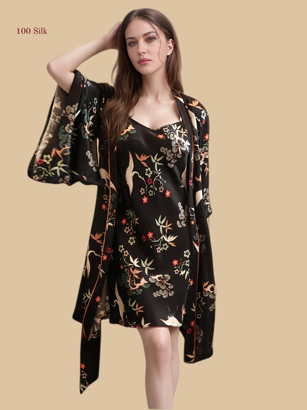 Black 16mm printed silk robe set front view with botanical print and wide sleeves