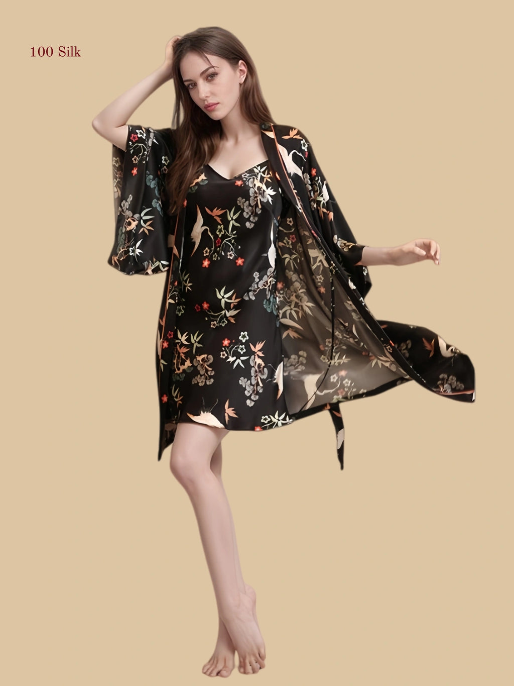 Black 16mm printed silk robe set front view with botanical print and wide sleeves