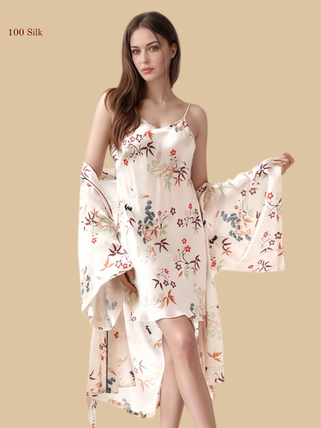 Beige 16mm printed silk robe set front view with botanical motif and matching slip dress