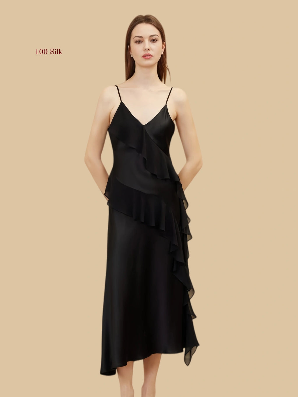 Silk Ruffled Long Spaghetti Strap Nightgown