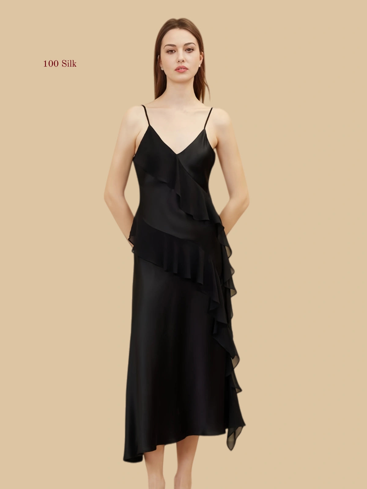 Silk Ruffled Long Spaghetti Strap Nightgown