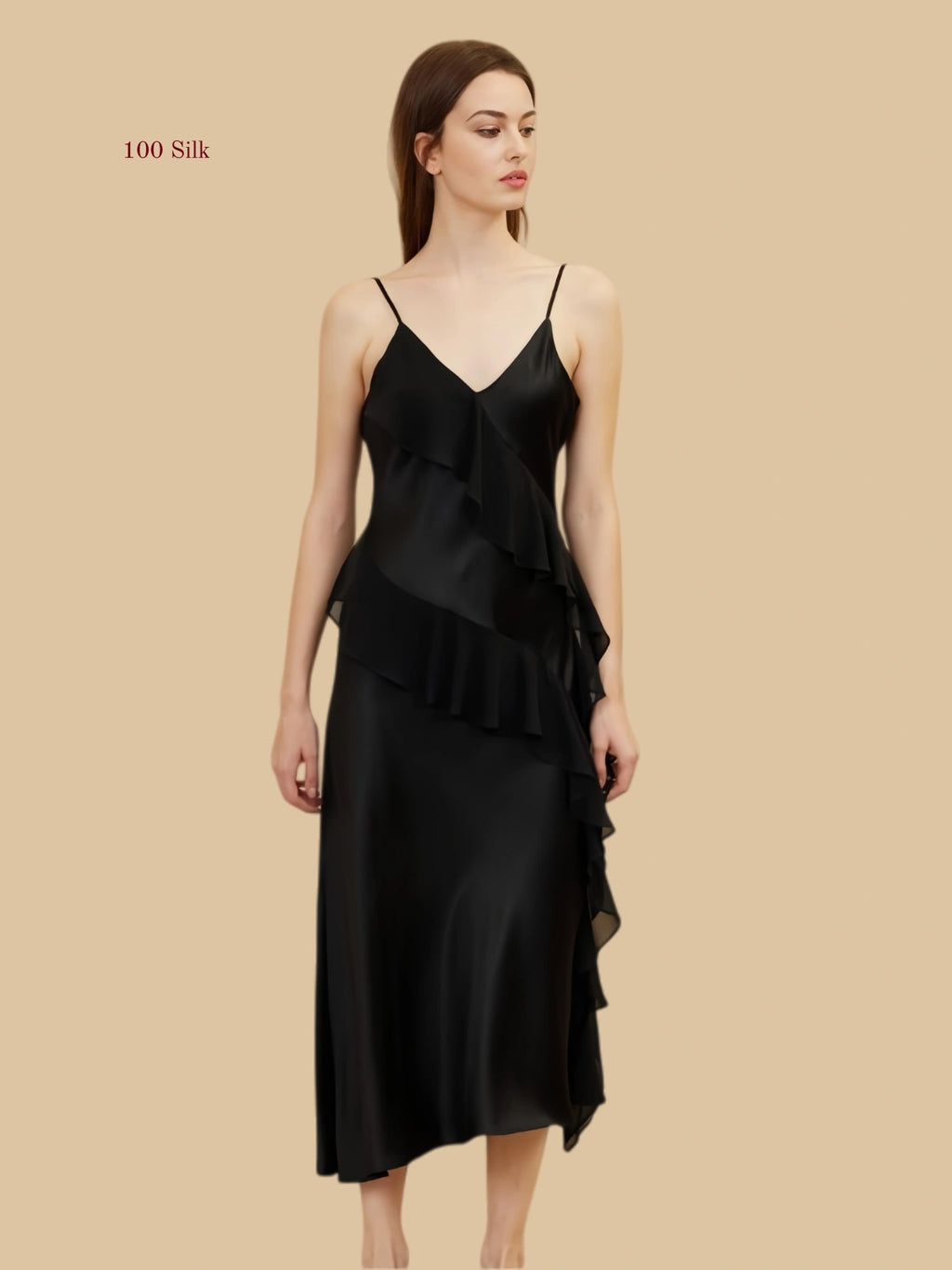 Silk Ruffled Long Spaghetti Strap Nightgown