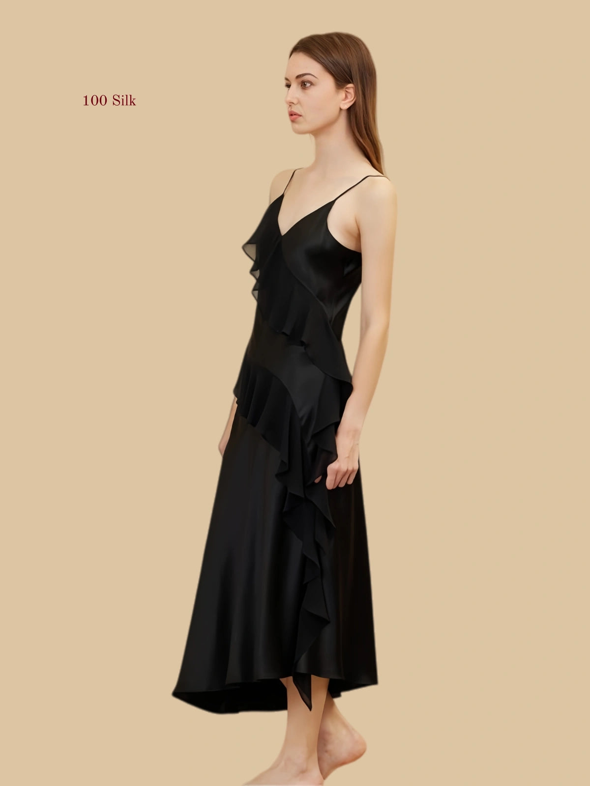 Silk Ruffled Long Spaghetti Strap Nightgown