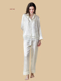Off-white 19mm tailored silk home set front view with lace-inset lower shirt front and straight-leg trousers