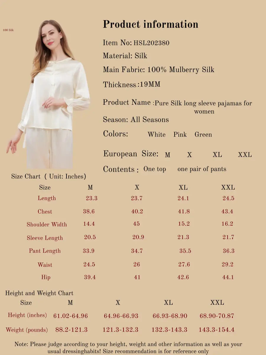 Pure Silk Long Sleeve Pajamas For Women