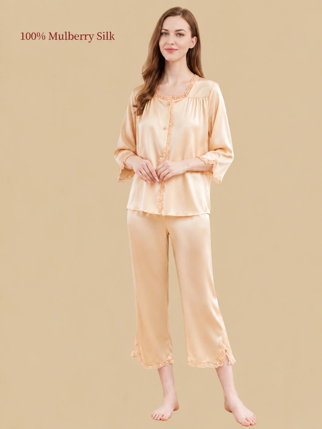 Full-length front view of Silkgala Wheat Gold mulberry silk pajamas featuring a vintage-inspired lace square neckline and relaxed calf-length pants.